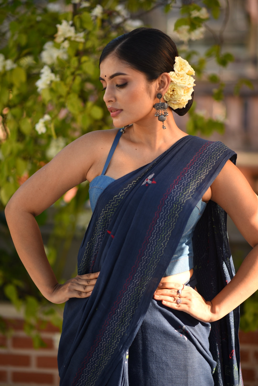 Blue Pure Kala Cotton Kantha Stitch Handloom Saree