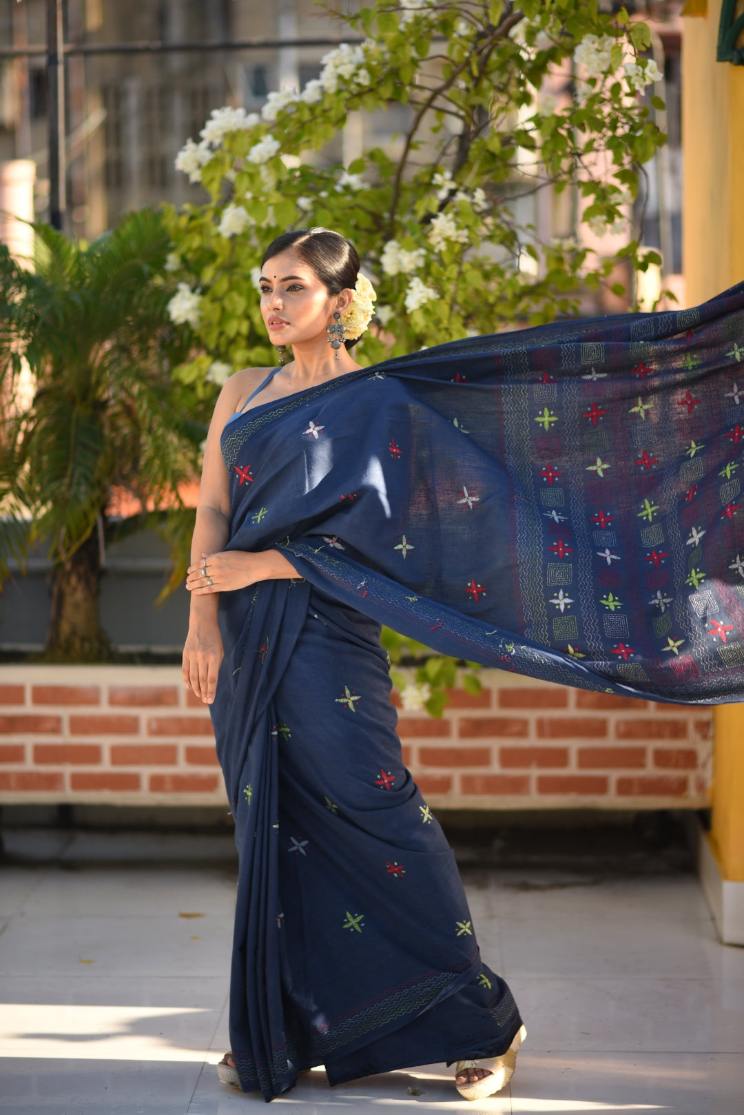 Blue Pure Kala Cotton Kantha Stitch Handloom Saree