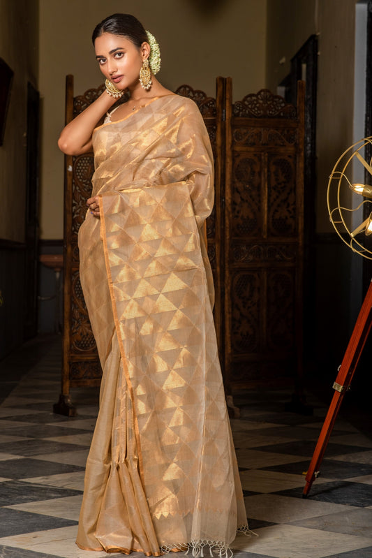 Golden Pure Organza Jamdani Handloom Saree