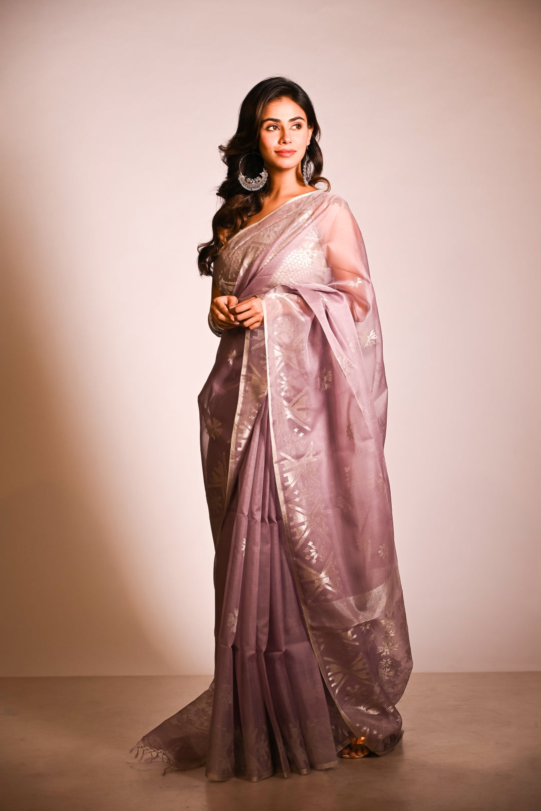 Mauve Pure Organza Traditional Jamdani Handloom Saree