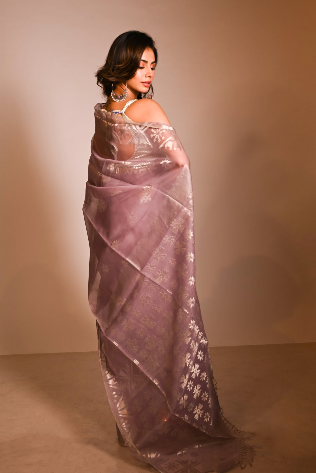 Mauve Pure Organza Traditional Jamdani Handloom Saree