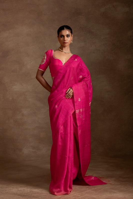 Fuchsia Pure Matka Silk Jamdani Handloom Saree