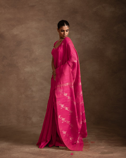 Fuchsia Pure Matka Silk Jamdani Handloom Saree