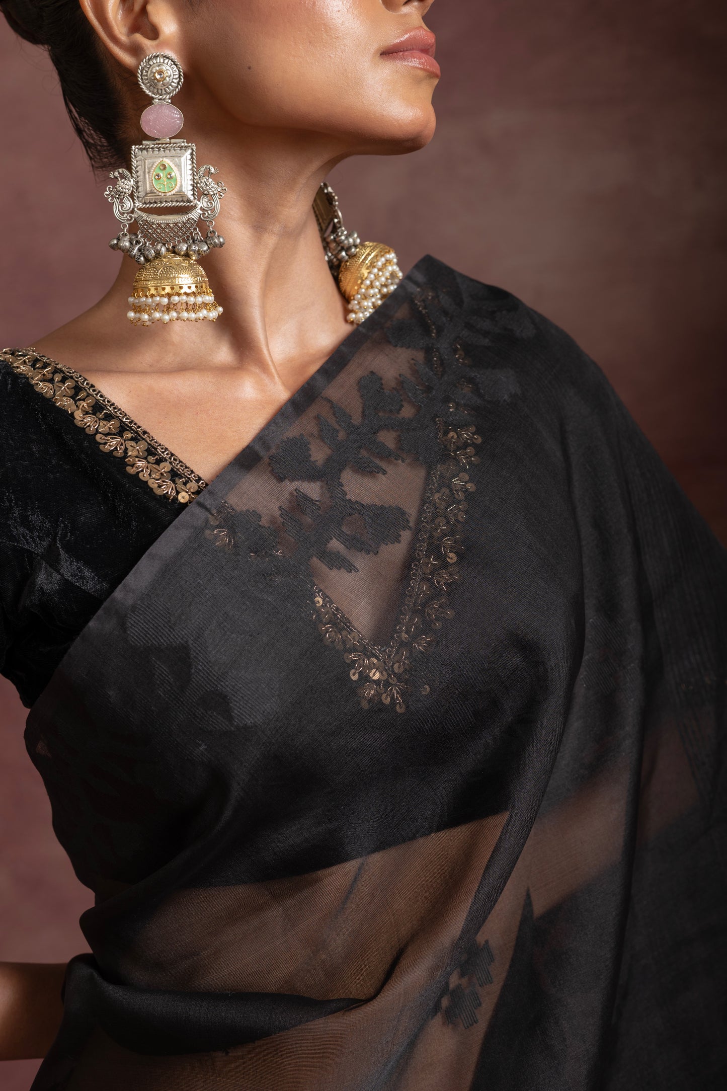 Black Pure Organza Silk Traditional Jamdani Handloom Saree