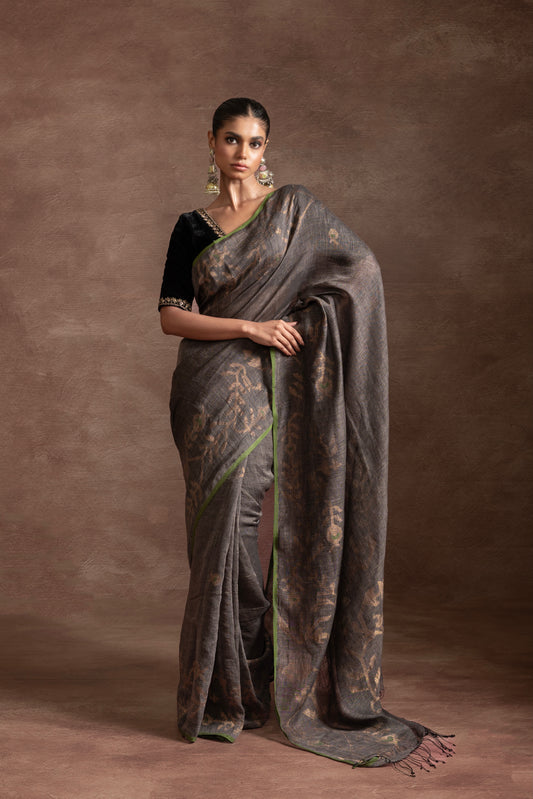 Grey Pure Linen Traditional Jamdani Handloom Saree