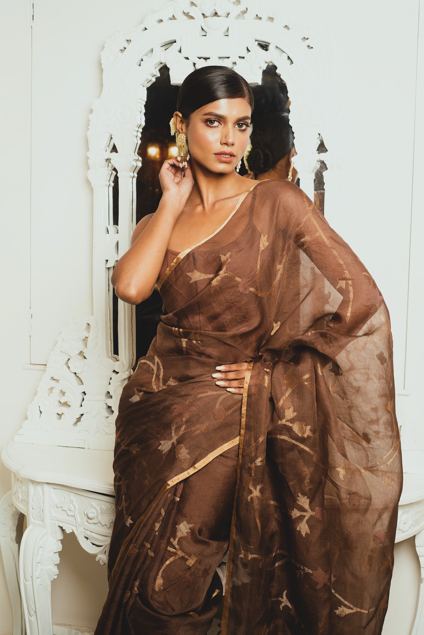 Brown Pure Organza Jamdani Silk Handloom Saree