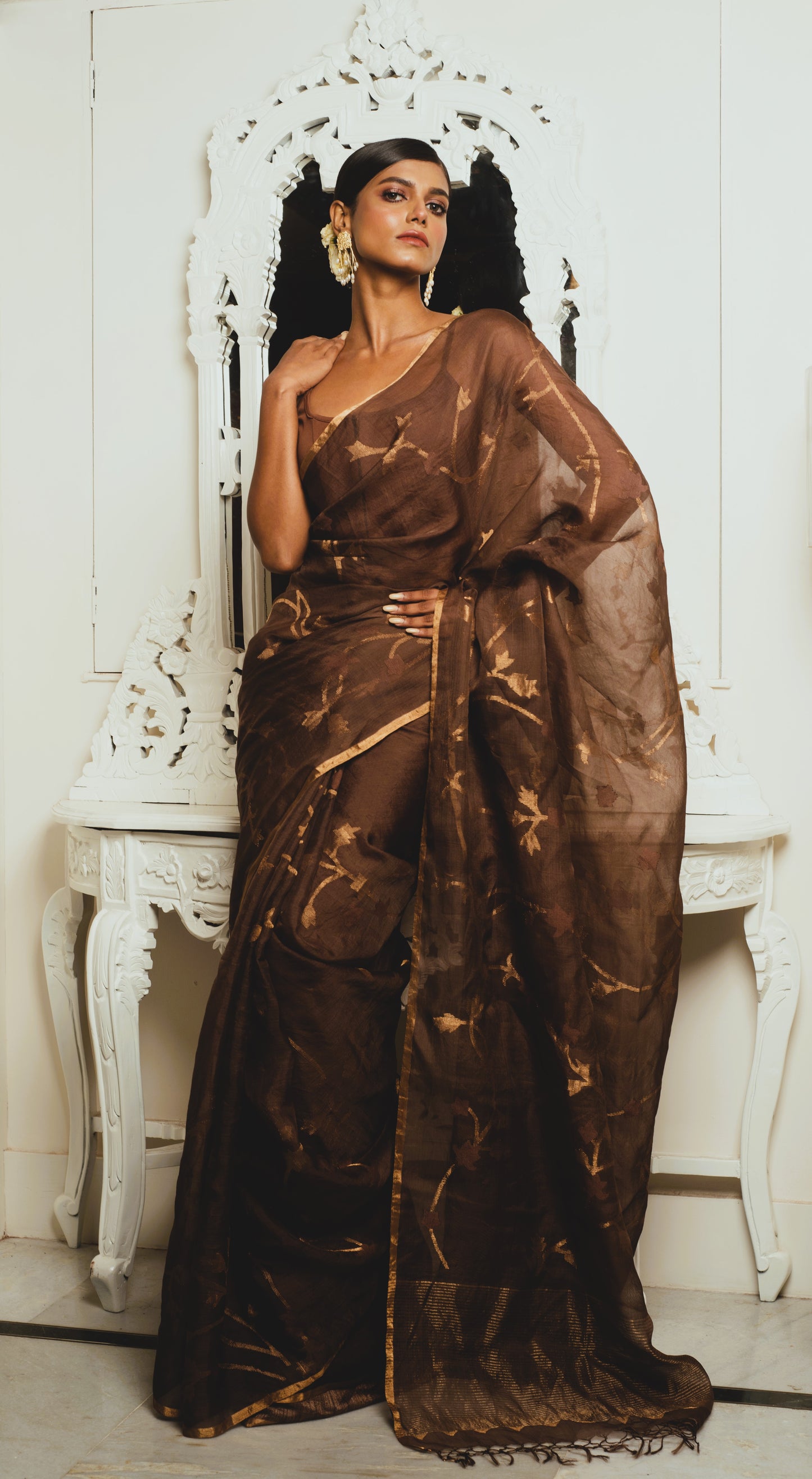 Brown Pure Organza Jamdani Silk Handloom Saree