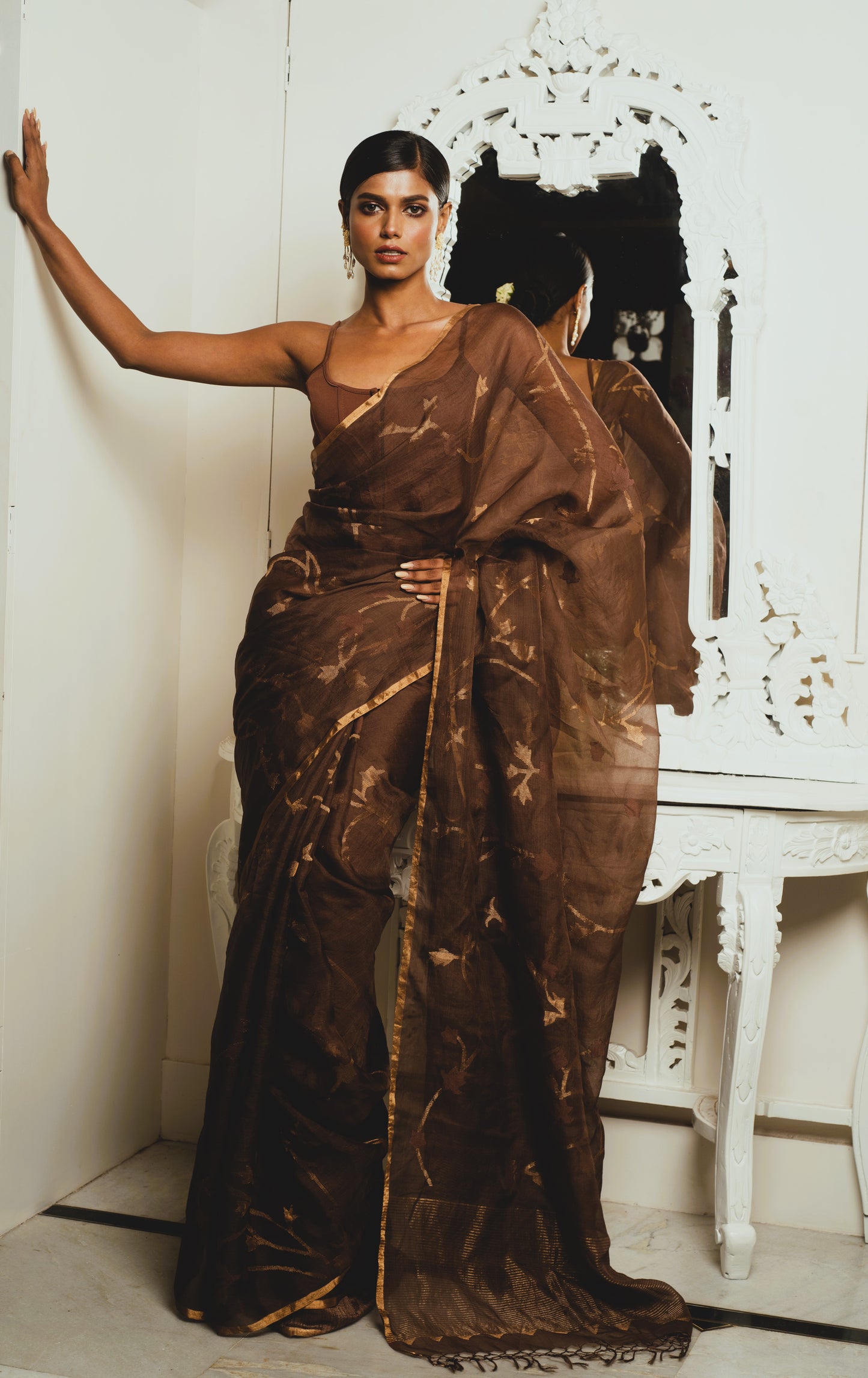 Brown Pure Organza Jamdani Silk Handloom Saree