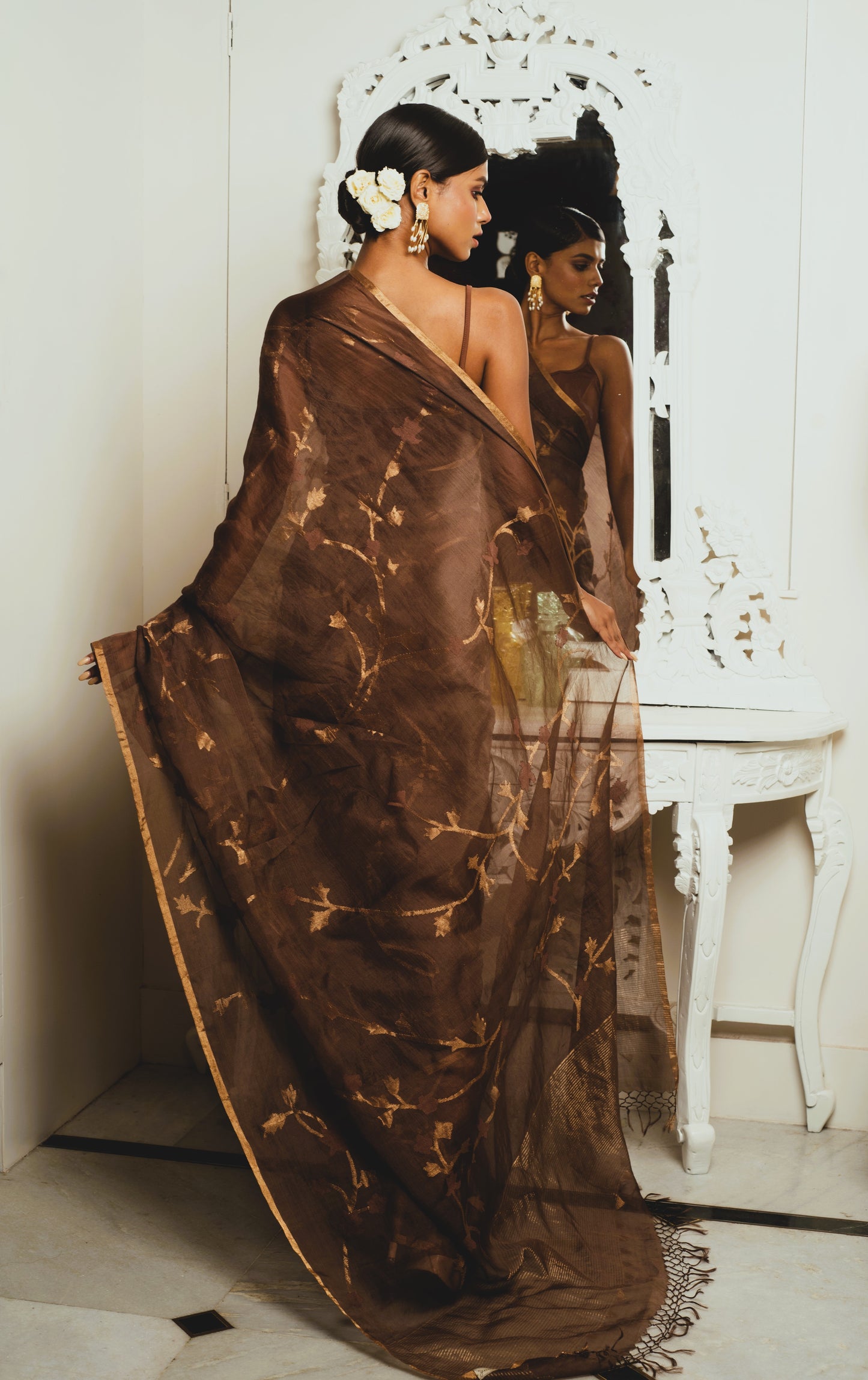 Brown Pure Organza Jamdani Silk Handloom Saree