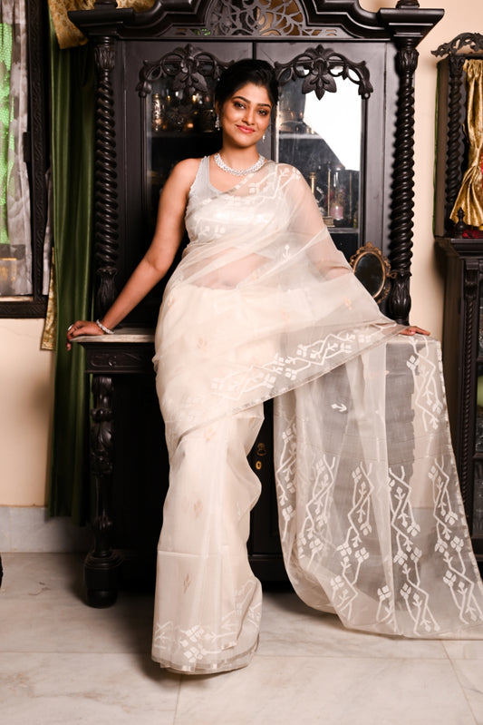 White Pure Organza Silk Jamdani Saree