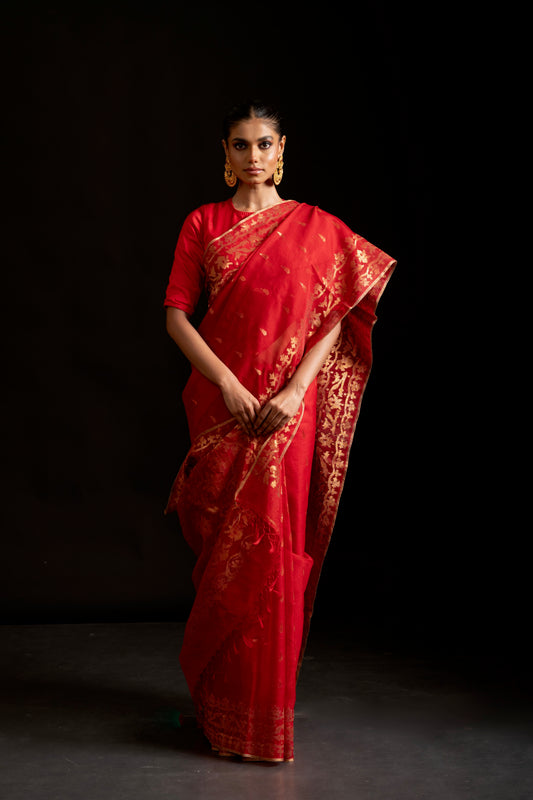 Red Pure Organza Traditional Jamdani Saree