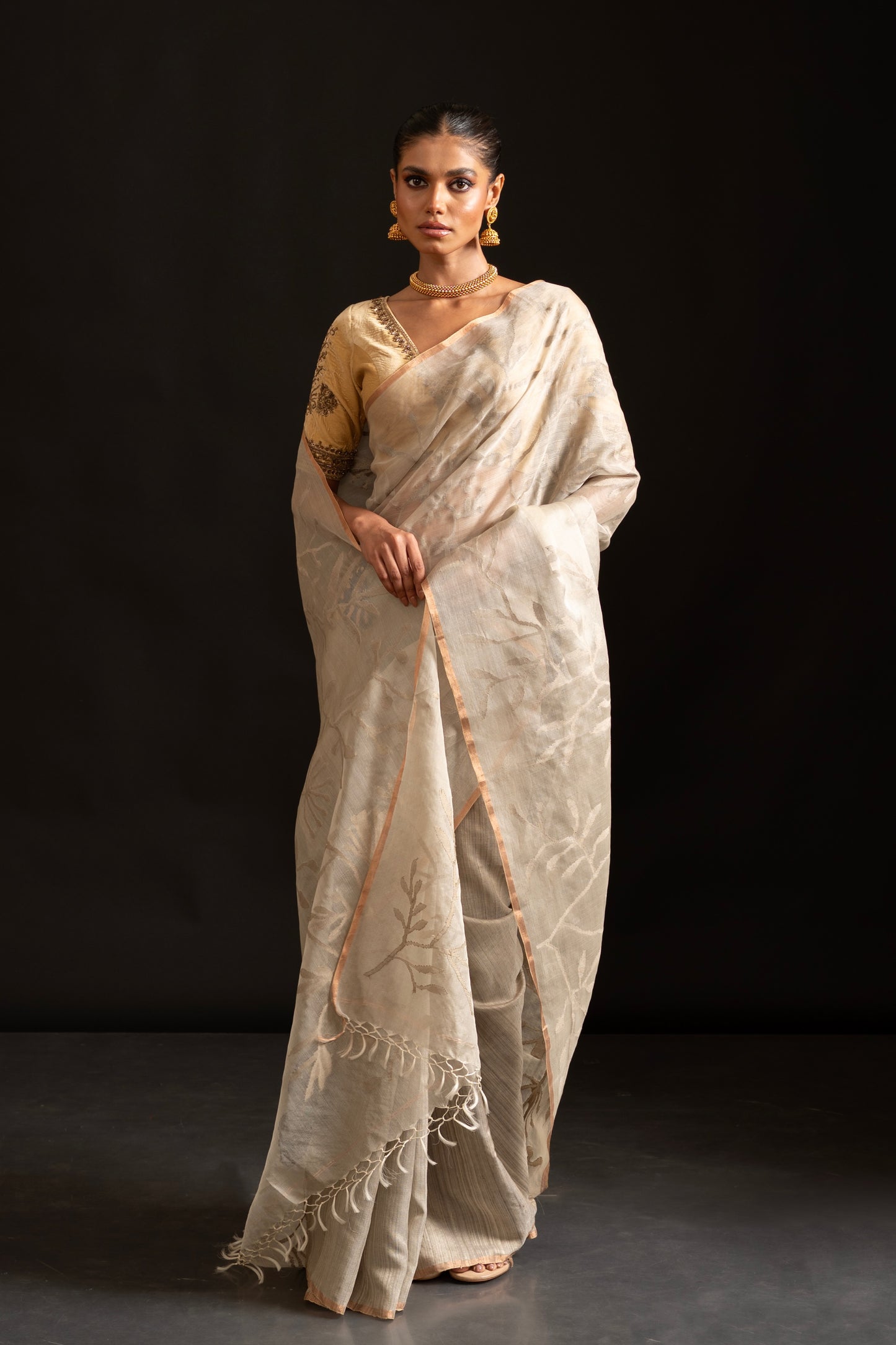 Khaki Pure Organza and Matka Jamdani Handloom Saree