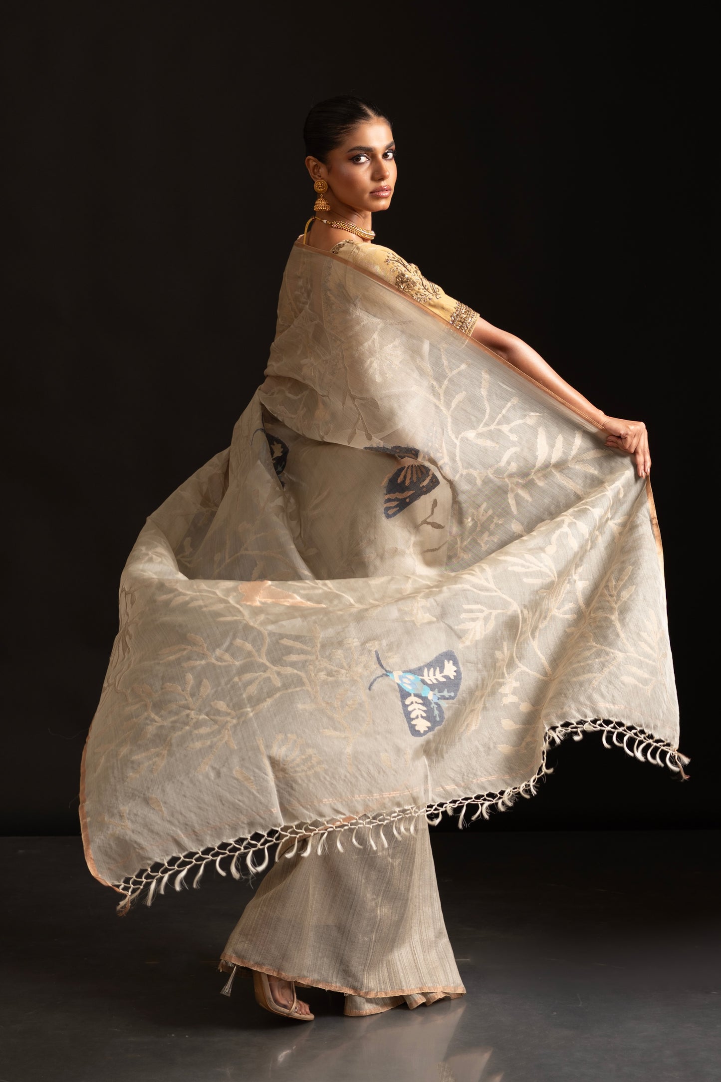 Khaki Pure Organza and Matka Jamdani Handloom Saree