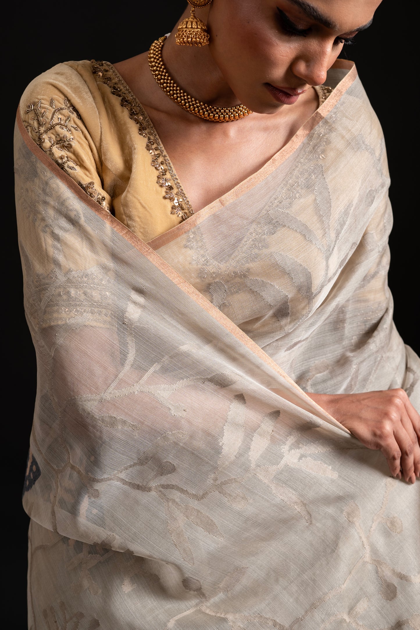 Khaki Pure Organza and Matka Jamdani Handloom Saree