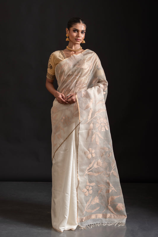 White Pure Organza and Matka Silk Jamdani Handloom Saree