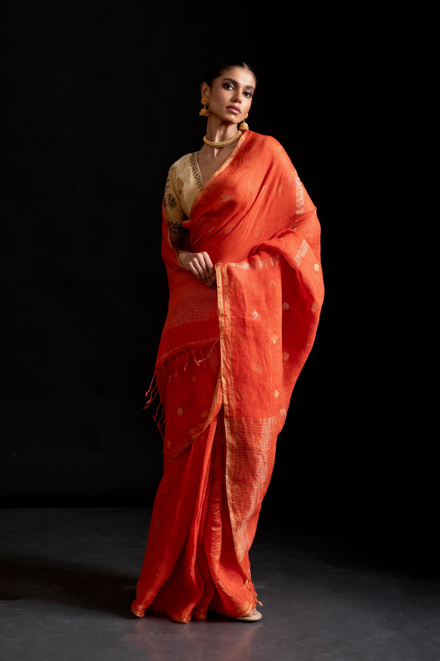 Orange Pure Linen Jamdani Handloom Saree