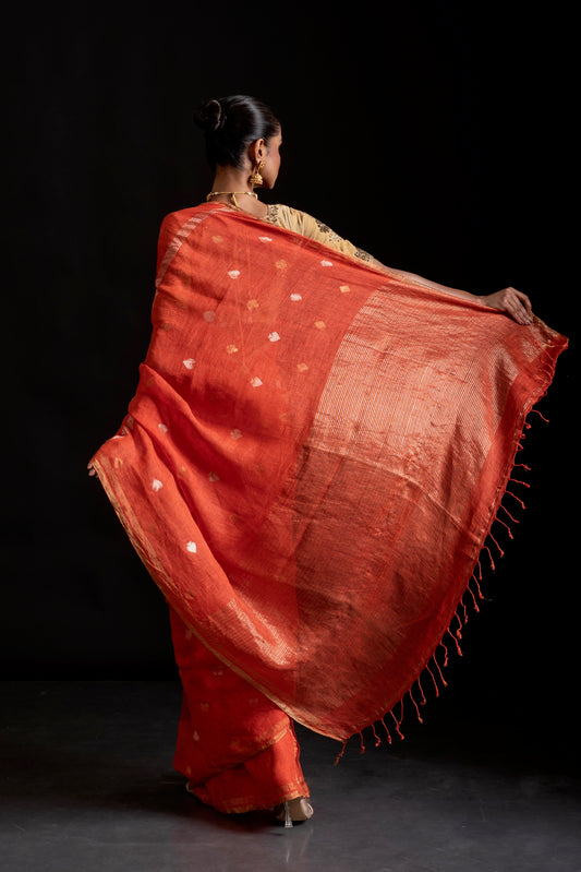 Orange Pure Linen Jamdani Handloom Saree
