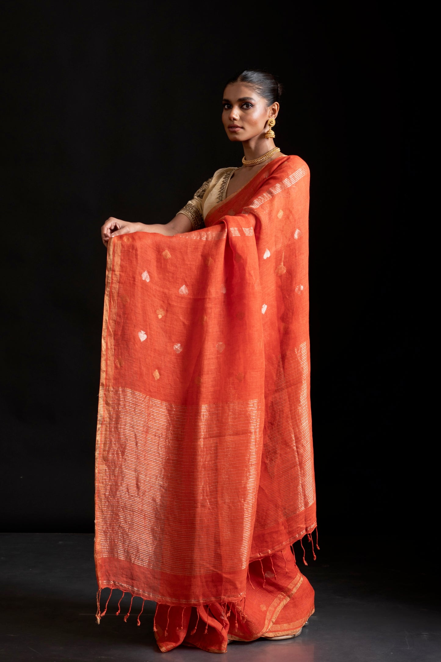 Orange Pure Linen Jamdani Handloom Saree