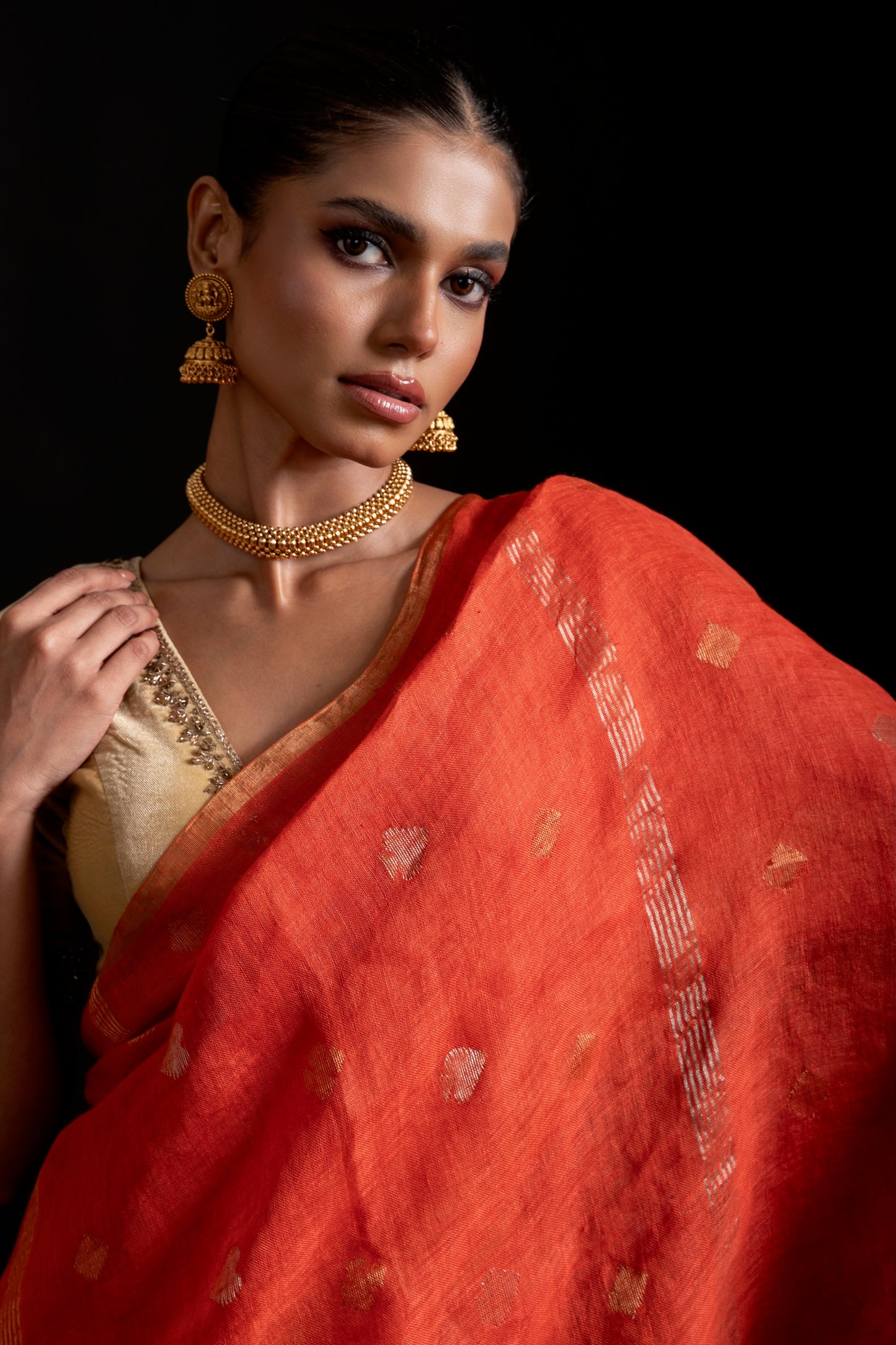 Orange Pure Linen Jamdani Handloom Saree