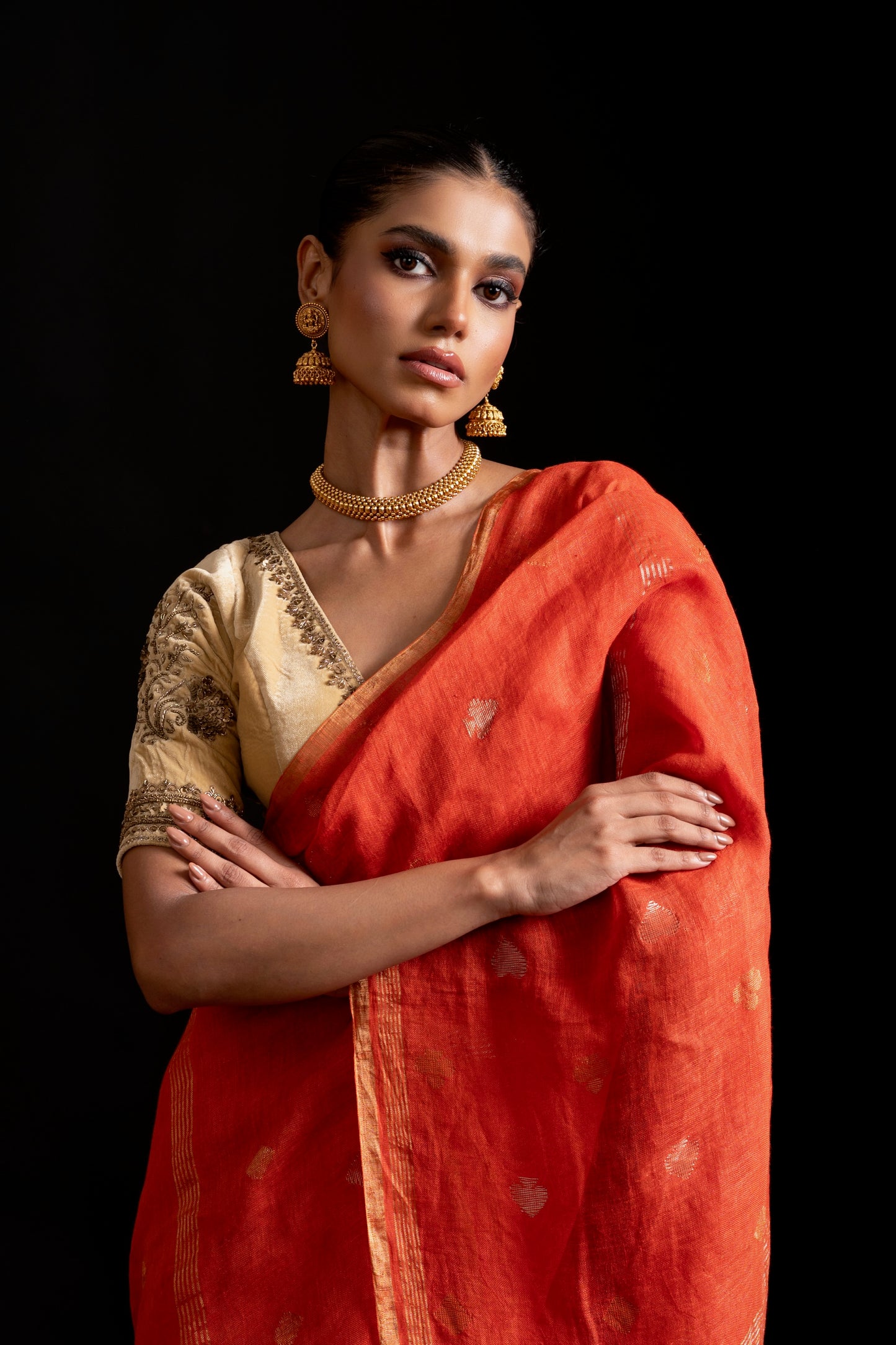 Orange Pure Linen Jamdani Handloom Saree