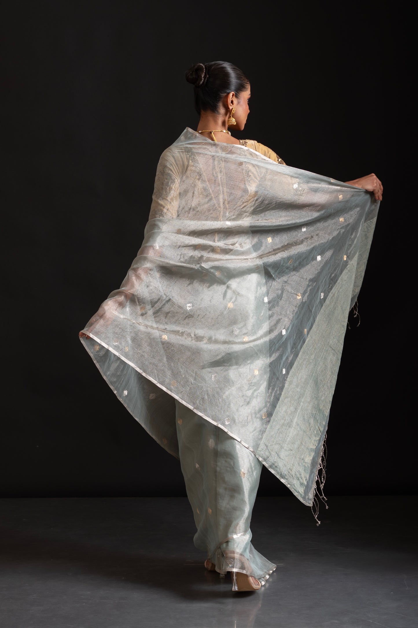 Blue Tissue Organza Jamdani Handloom Saree