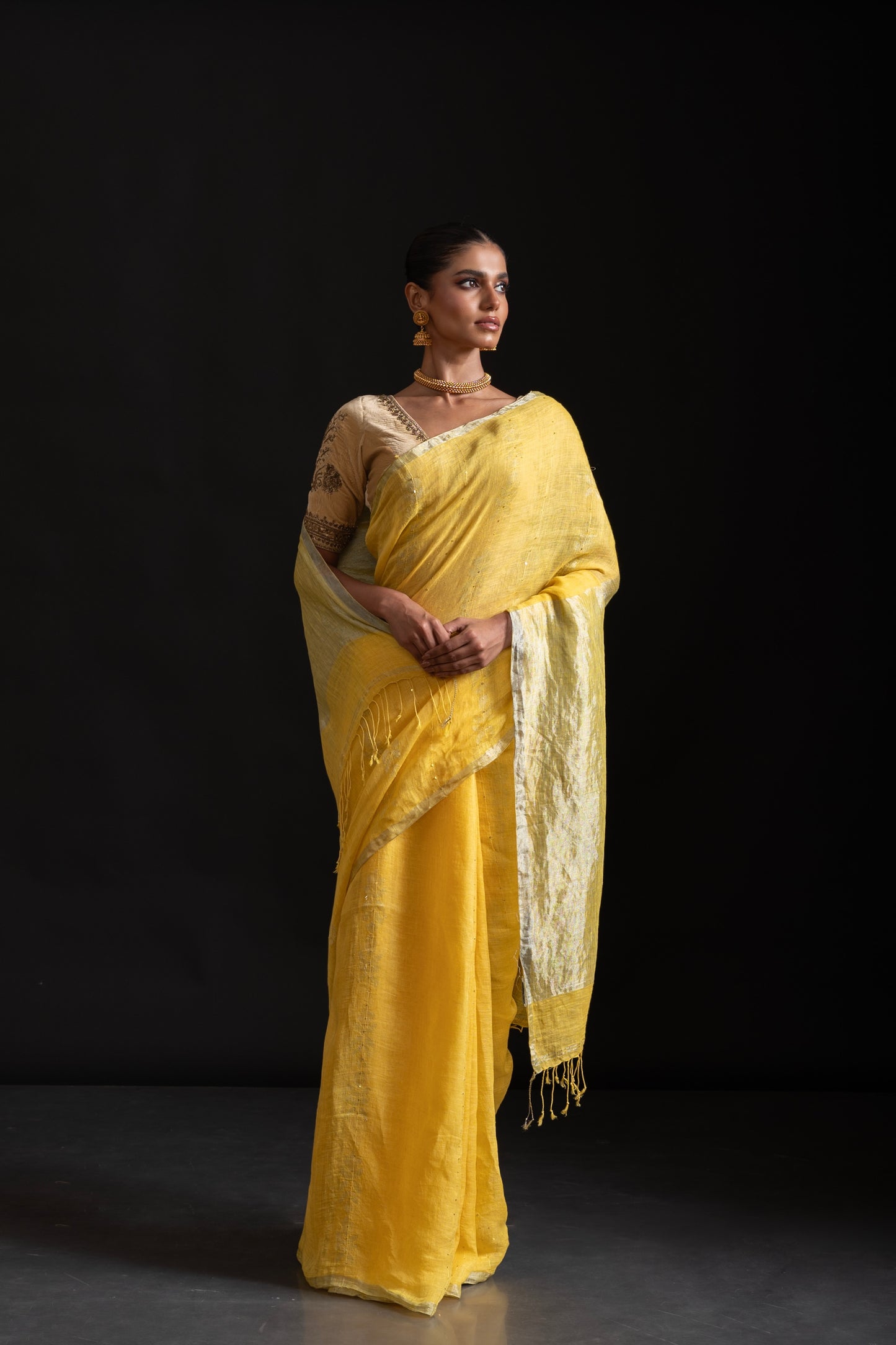 Yellow Pure Linen Jamdani Handloom Saree