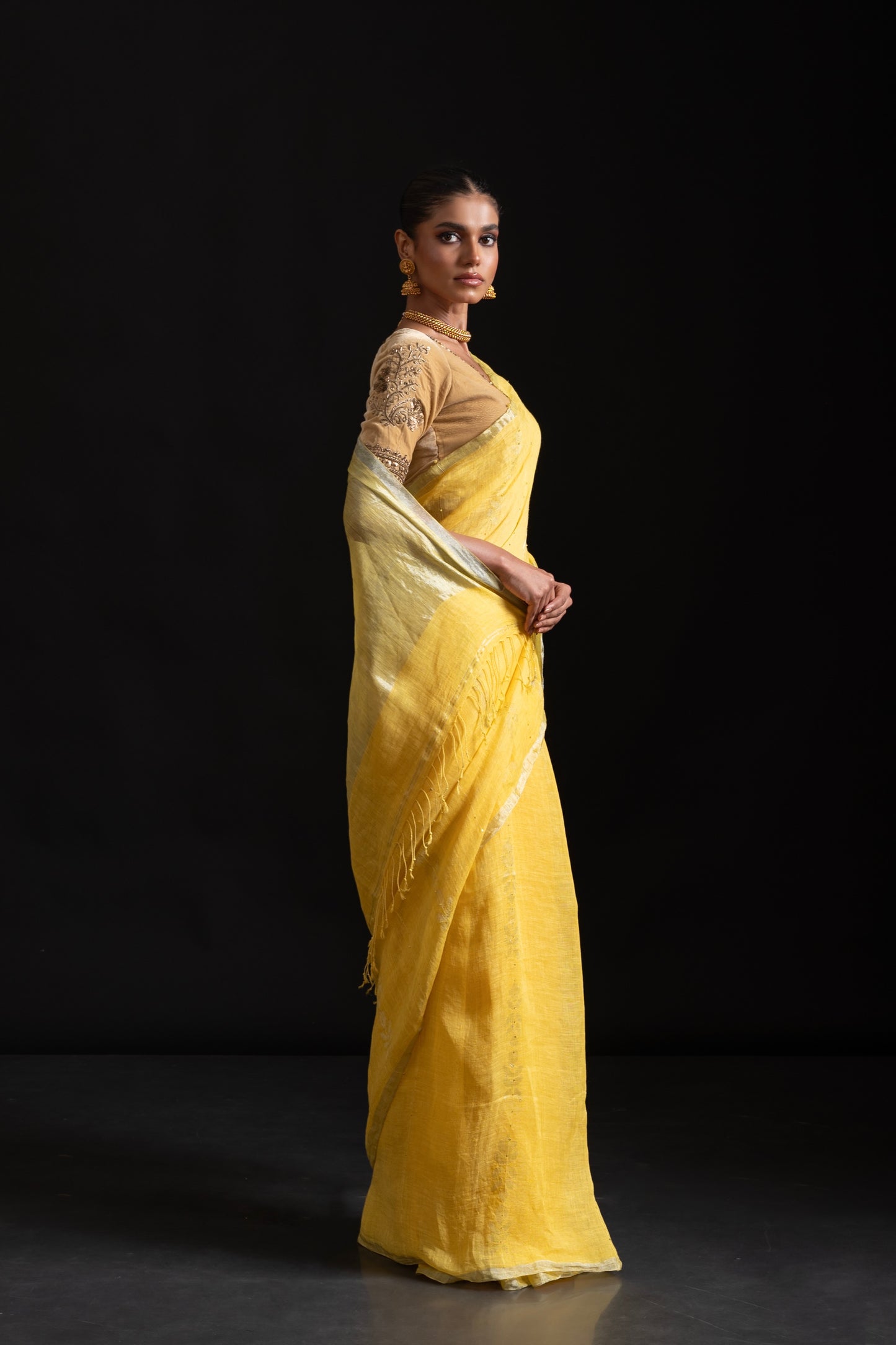 Yellow Pure Linen Jamdani Handloom Saree