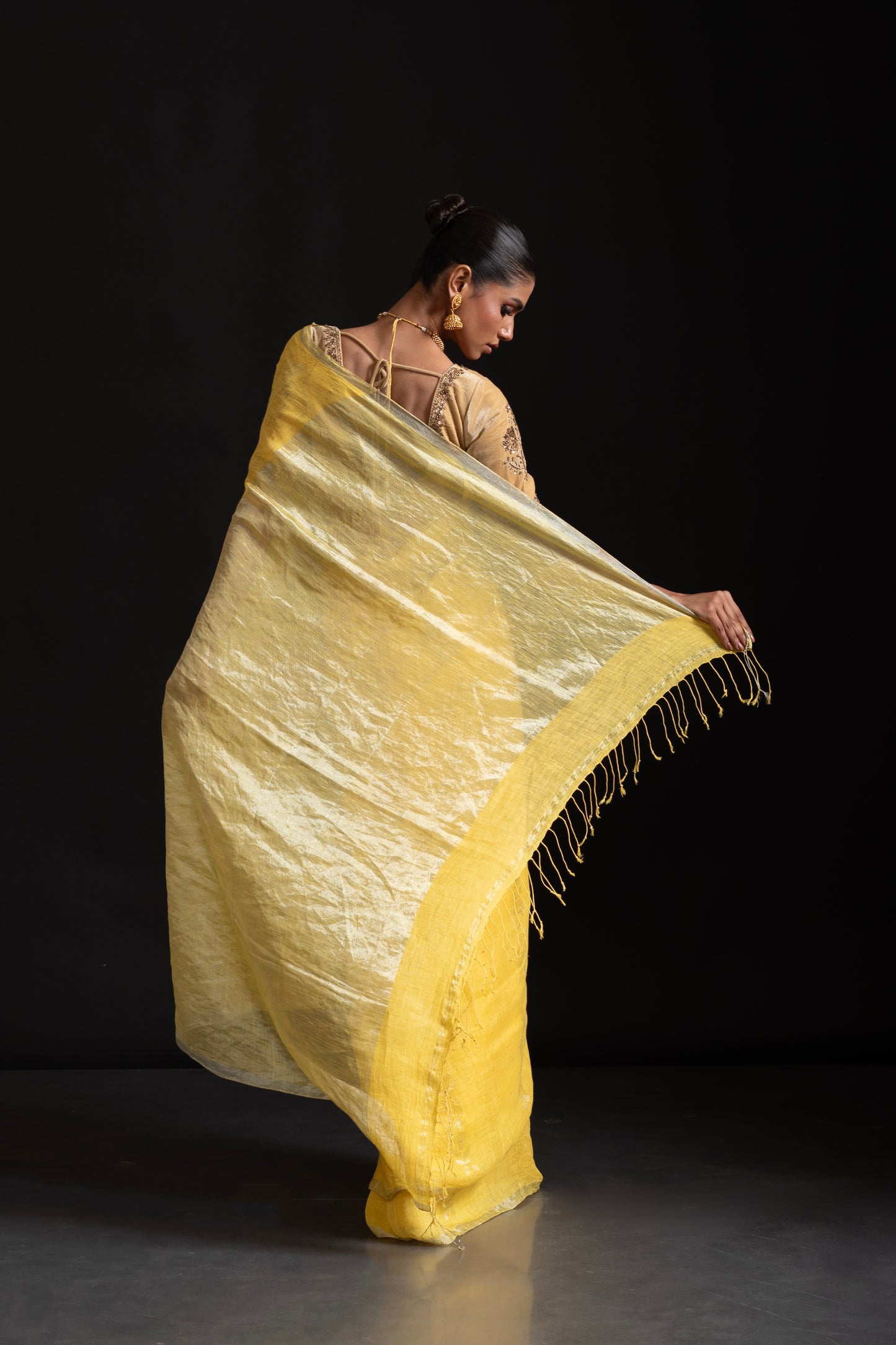 Yellow Pure Linen Jamdani Handloom Saree