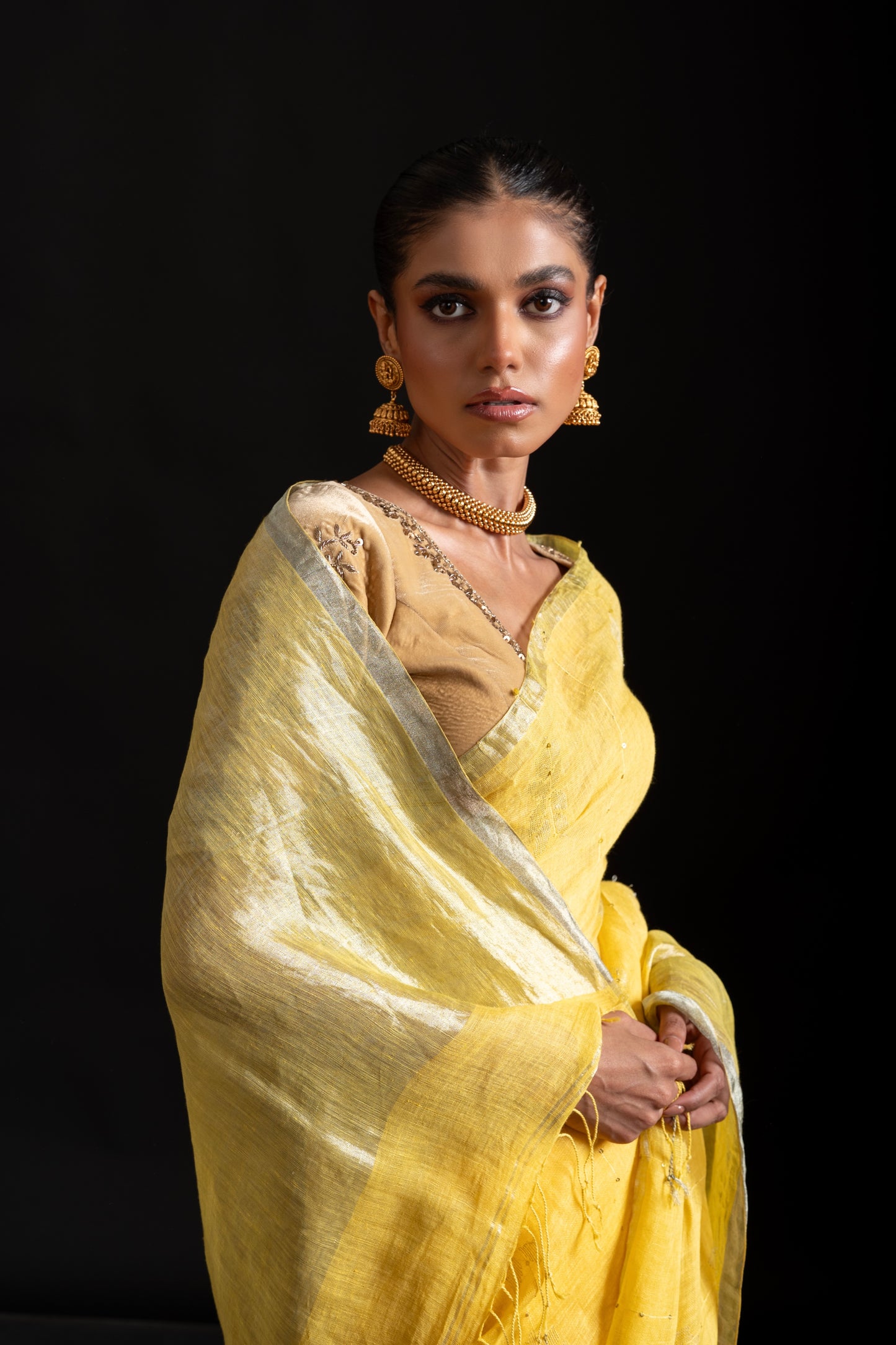 Yellow Pure Linen Jamdani Handloom Saree