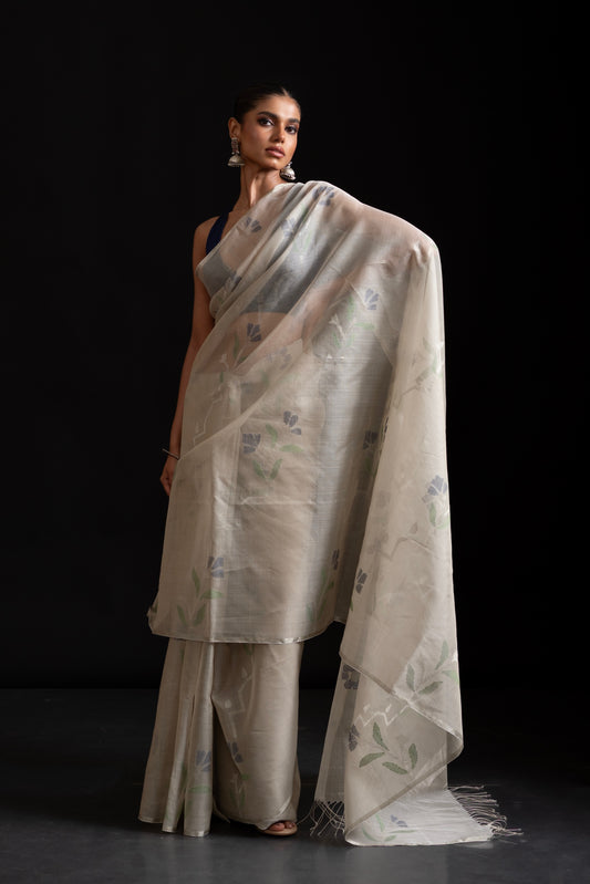 Grey Pure Organza Silk Jamdani Saree