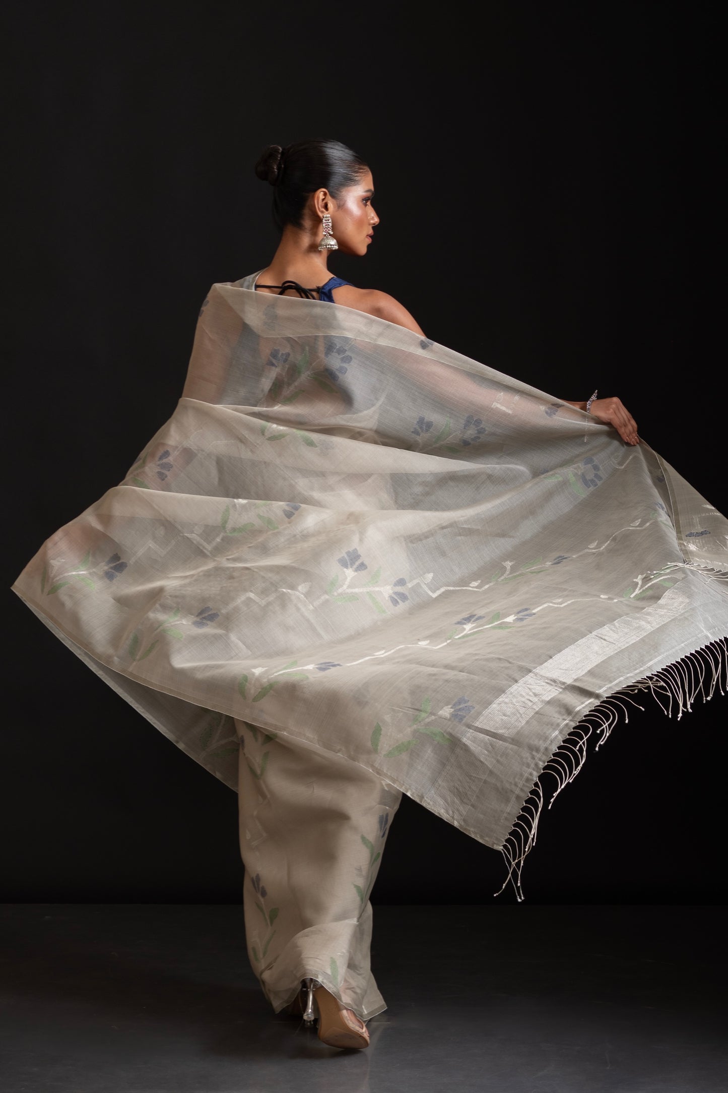 Grey Pure Organza Silk Jamdani Saree