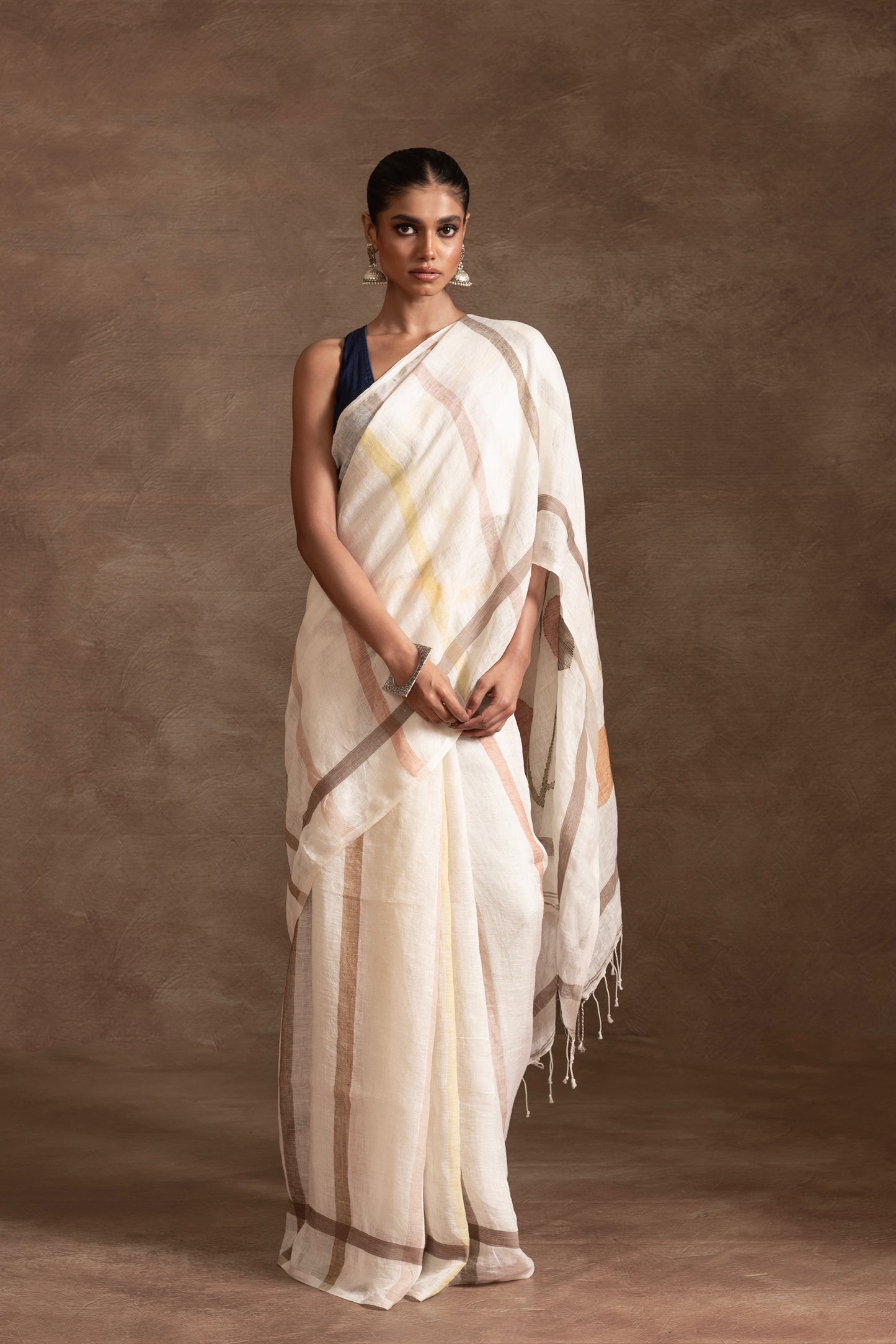 White Pure Linen Jamdani Handloom Saree