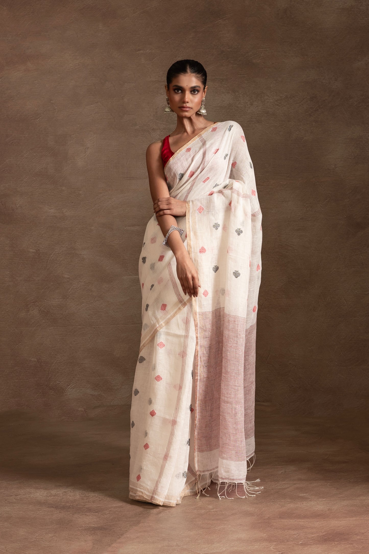 White Pure Linen Jamdani Handloom Saree