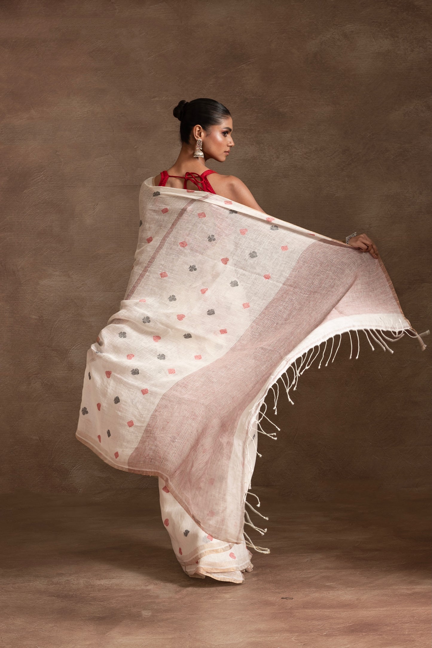 White Pure Linen Jamdani Handloom Saree