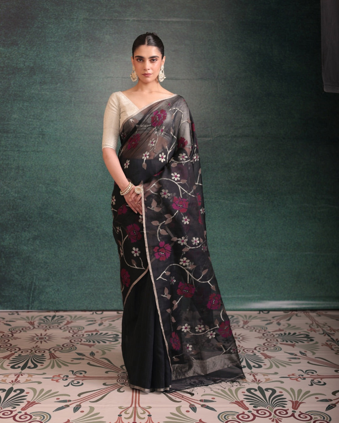 Black Pure Organza Silk Jamdani Handloom Saree