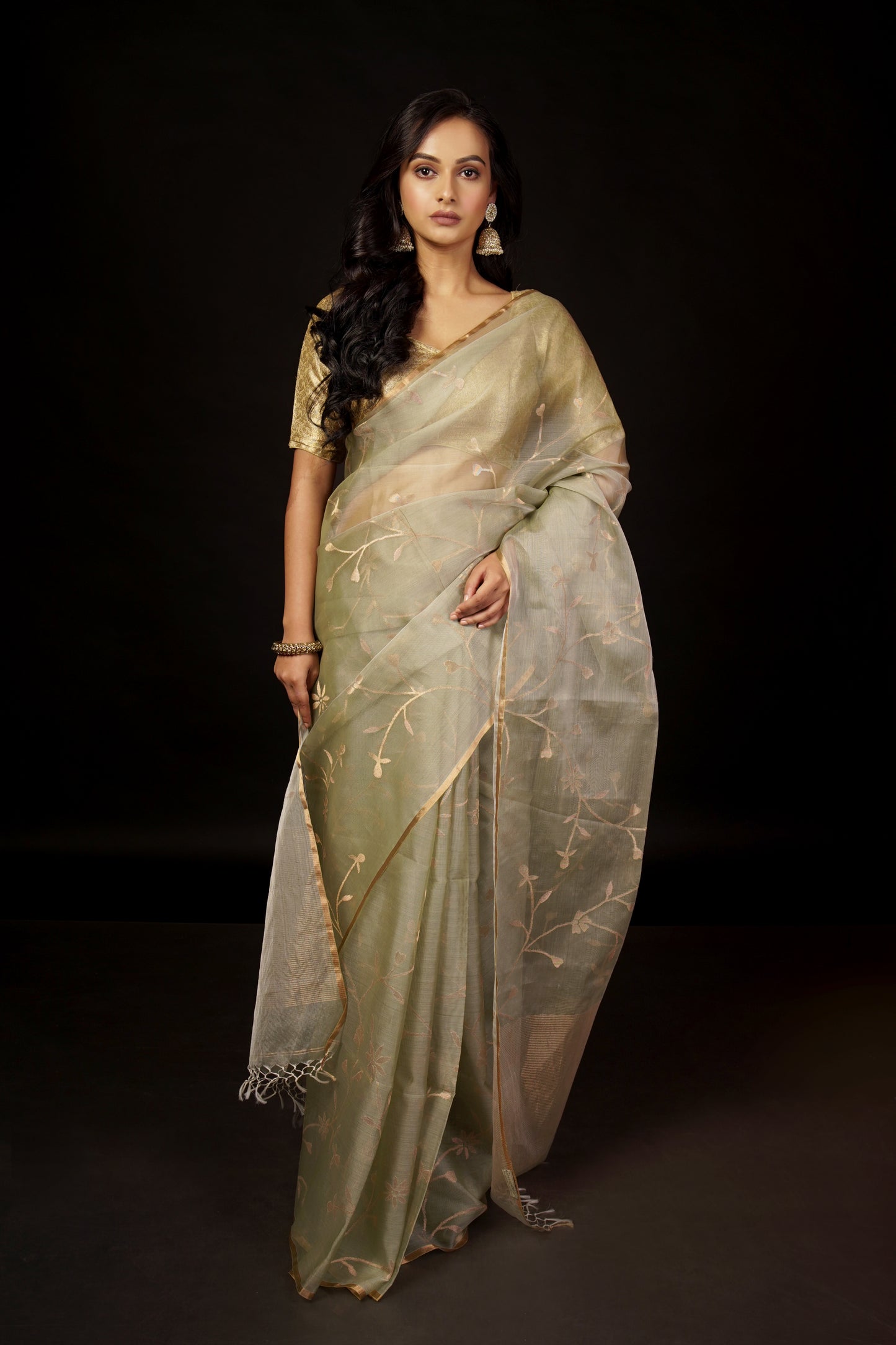 Green Pure Organza Silk Jamdani Saree