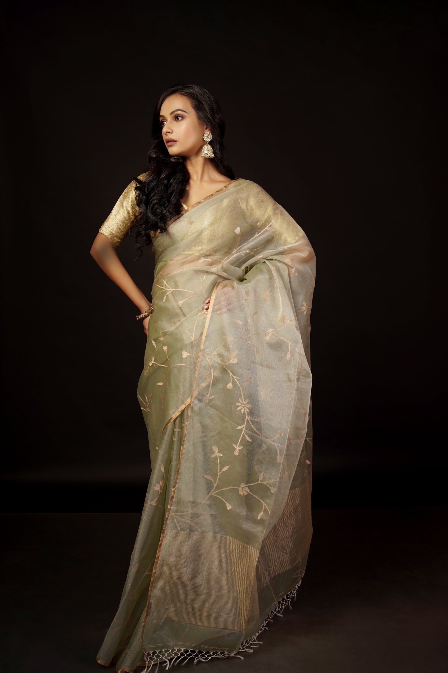 Green Pure Organza Silk Jamdani Saree