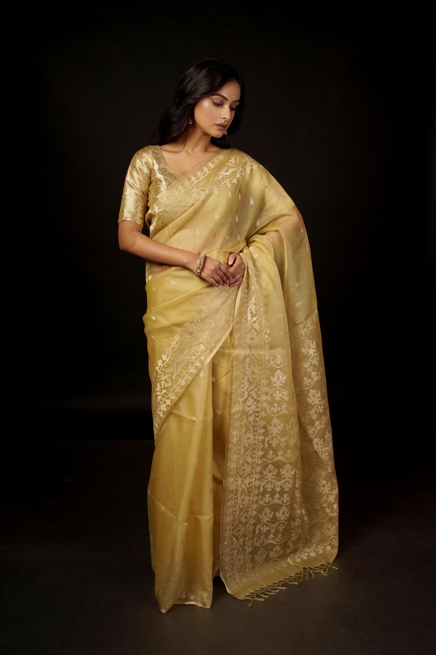 Golden Pure Organza Traditional Jamdani Saree