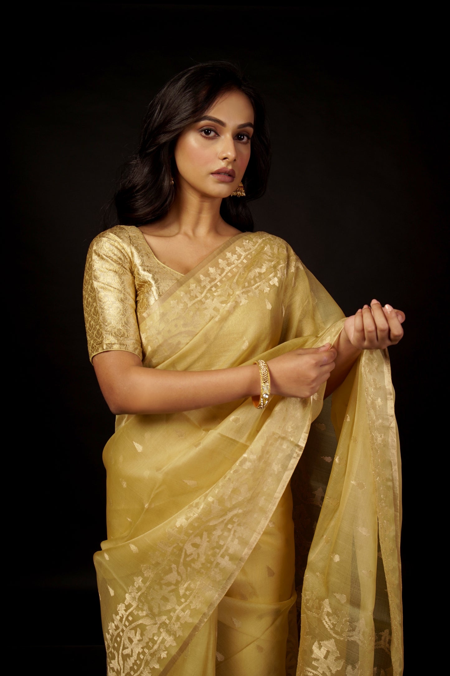 Golden Pure Organza Traditional Jamdani Saree