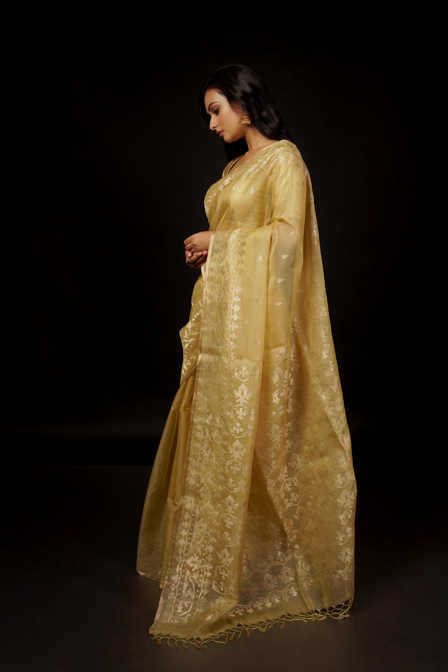 Golden Pure Organza Traditional Jamdani Saree