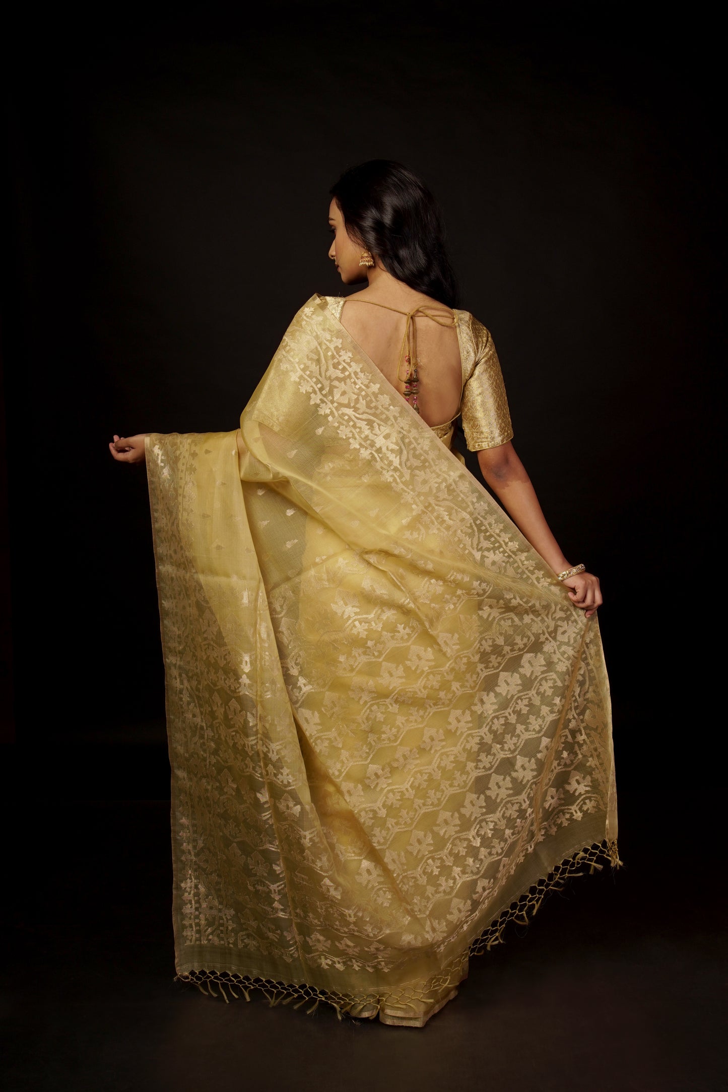 Golden Pure Organza Traditional Jamdani Saree