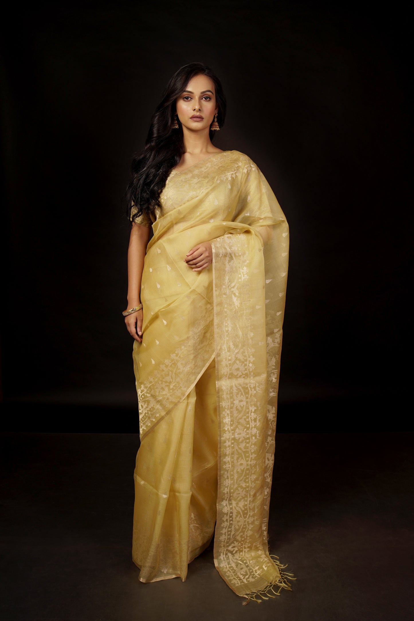 Golden Pure Organza Traditional Jamdani Saree