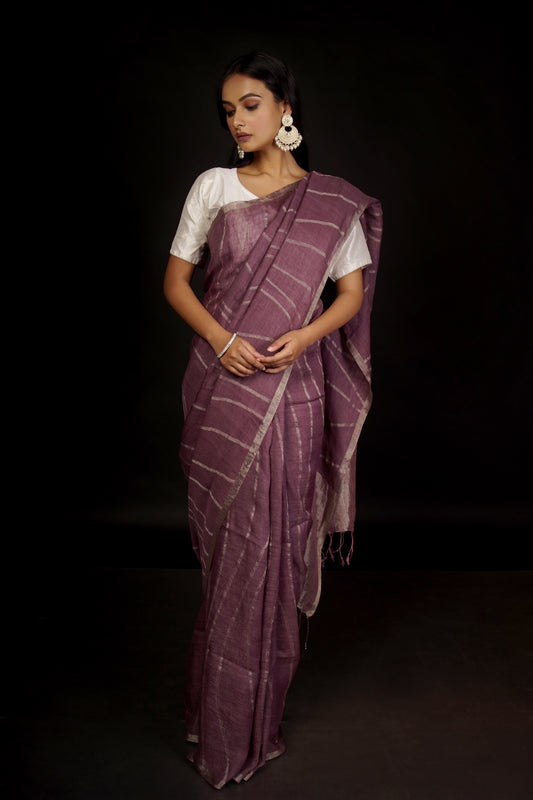 Mauve Pure Linen Jamdani Handloom Saree