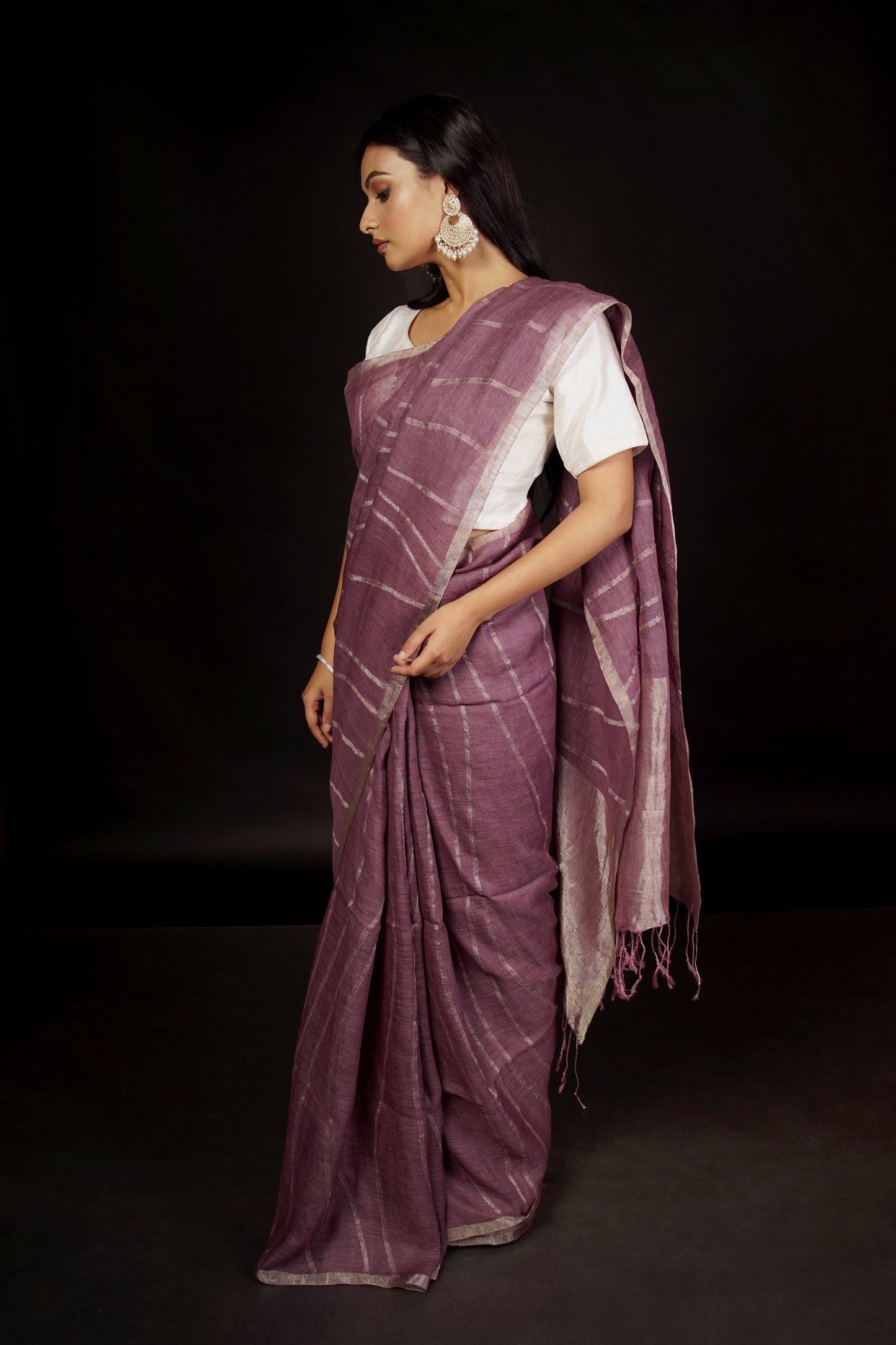 Mauve Pure Linen Jamdani Handloom Saree