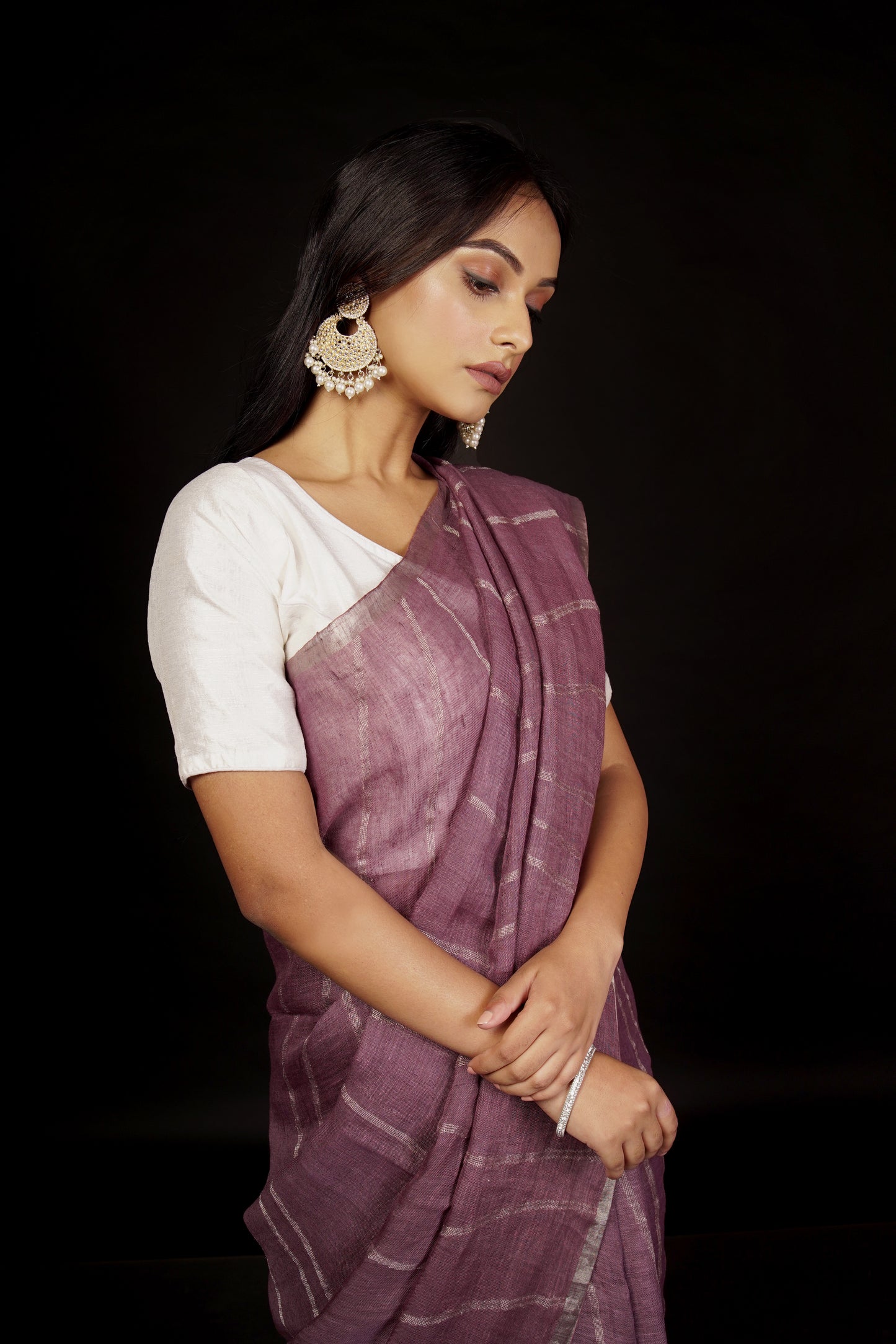 Mauve Pure Linen Jamdani Handloom Saree