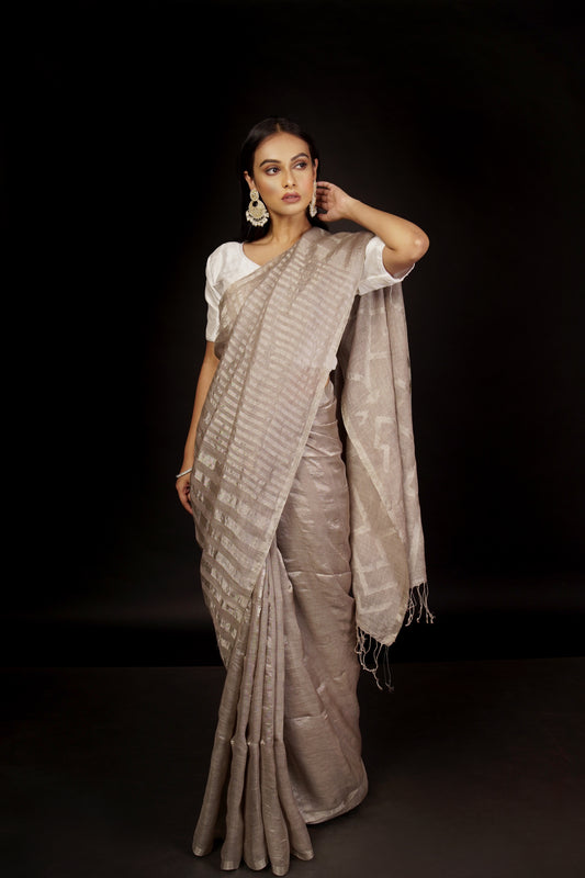 Grey Pure Linen Jamdani Handloom Saree