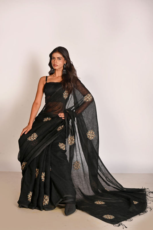 Black Pure Linen Embroidery Handloom Saree