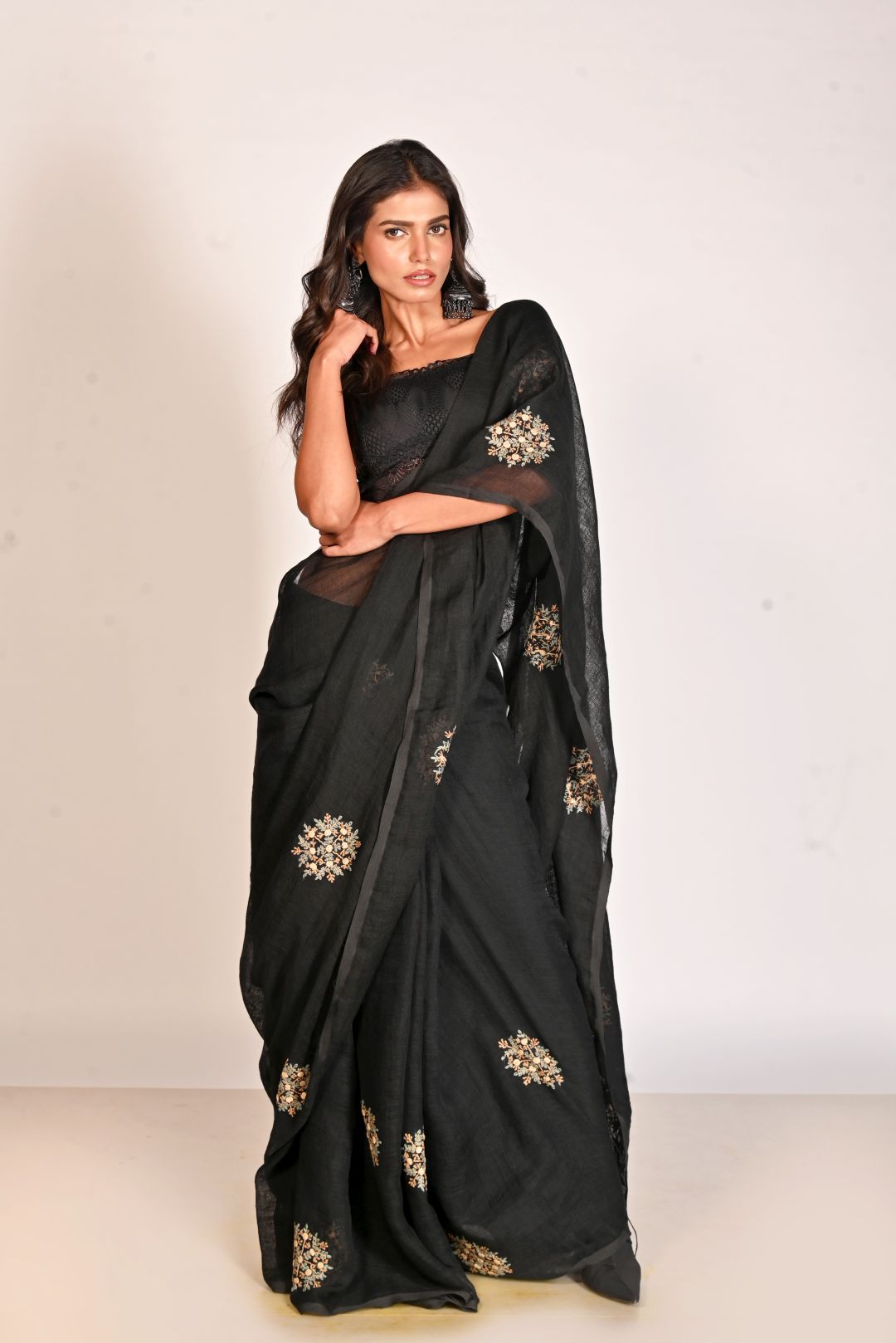 Black Pure Linen Embroidery Handloom Saree