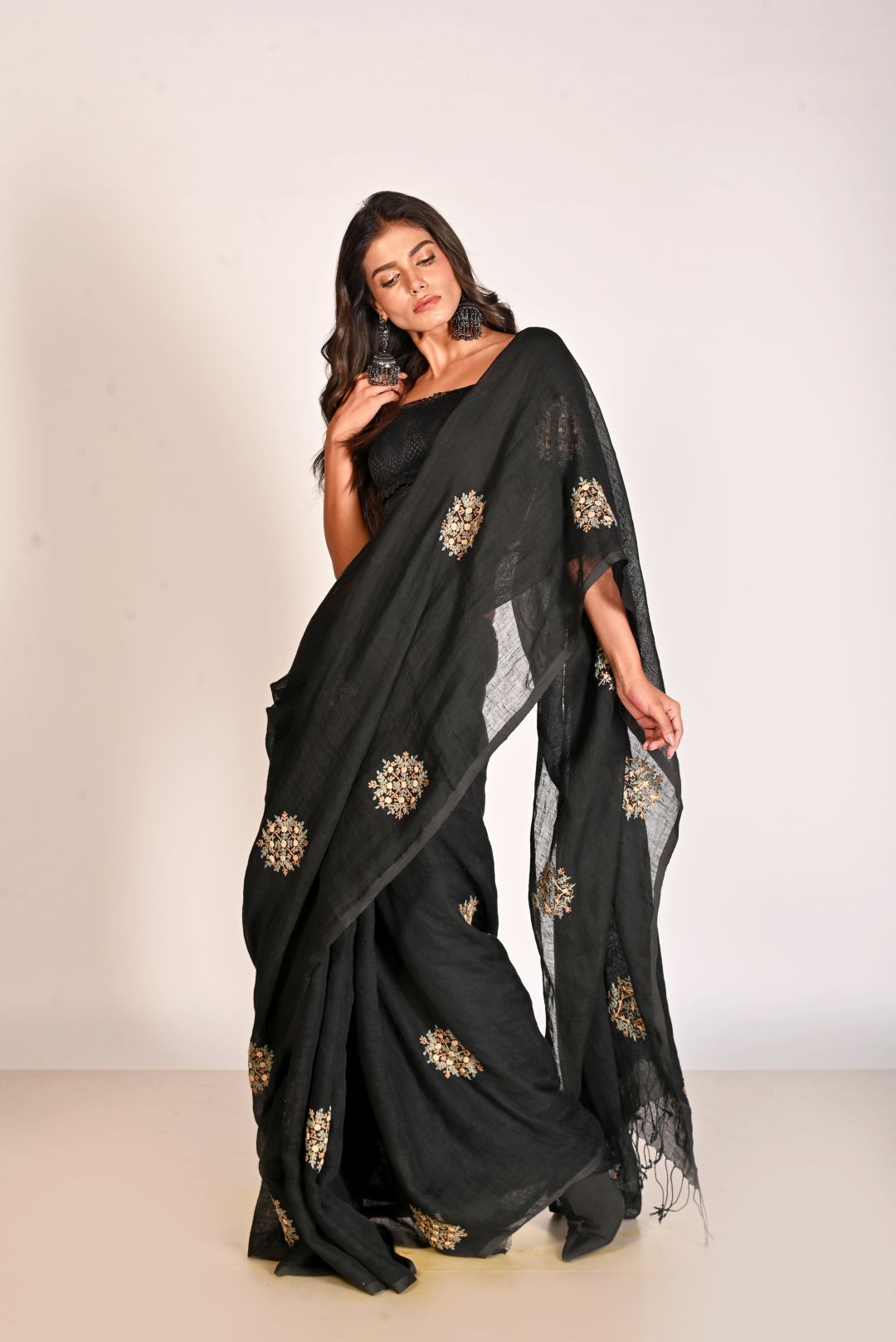 Black Pure Linen Embroidery Handloom Saree