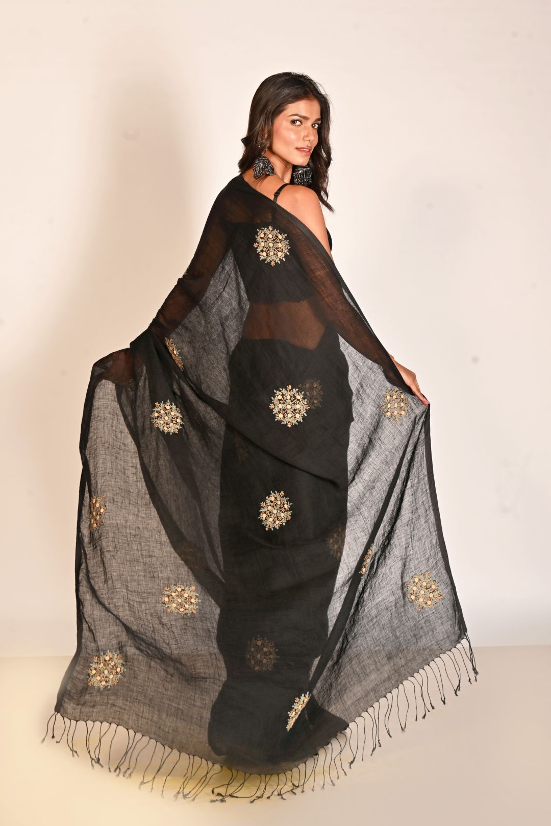 Black Pure Linen Embroidery Handloom Saree